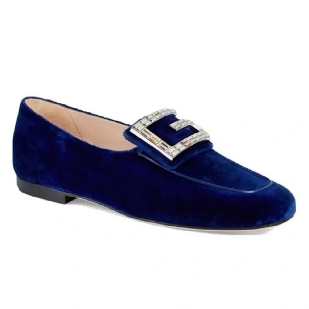 Gucci Velvet Logo Madelyn Crystal G Royal Blue loafers